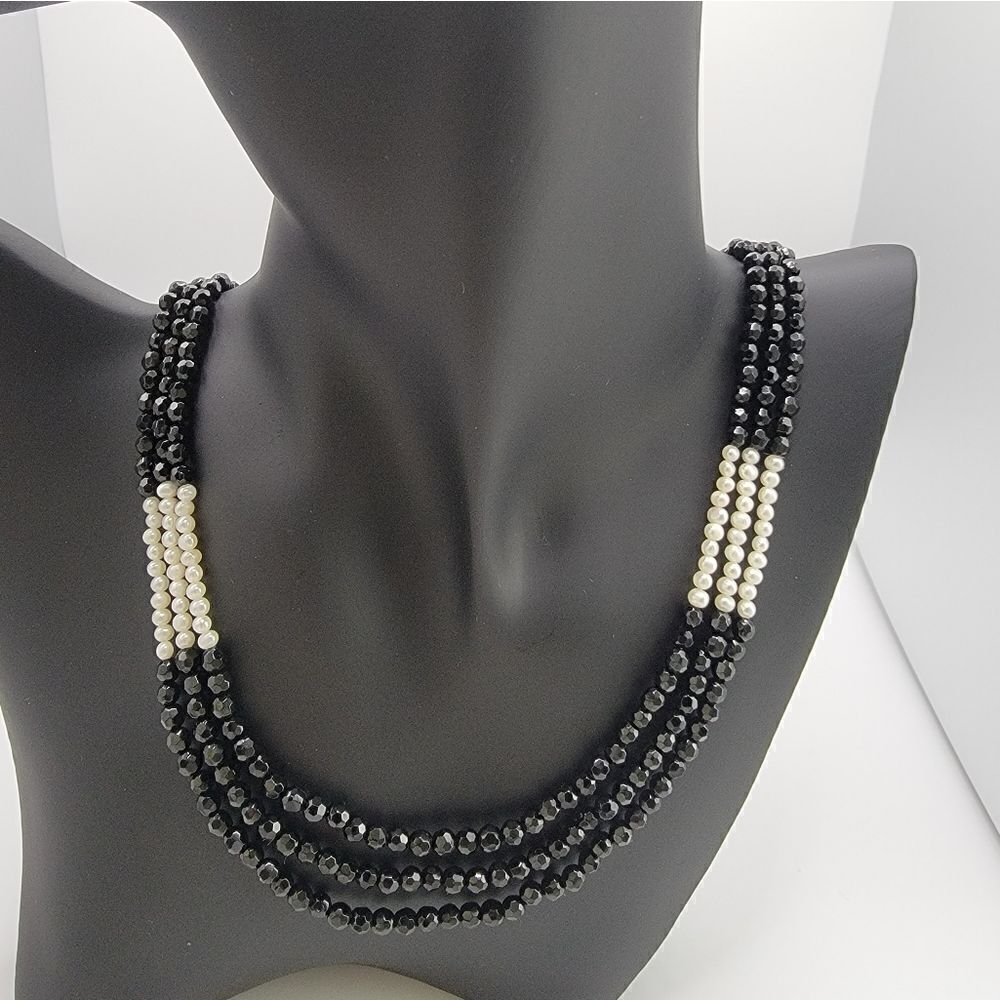 NEW Three-Strand Onyx Bead and Freshwater Pearl Necklace